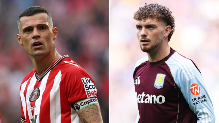 A split image featuring Granit Xhaka looking on alongside Aston Villa's Harvey Elliott