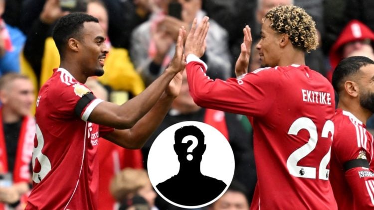 Ryan Gravenberch and Hugo Ekitike high five during Liverpool's win against Everton, either side of a white mystery player silhouette