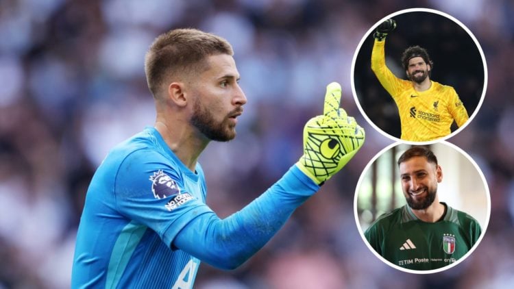 Guglielmo Vicario in goal for Tottenham (left) with Gianluigi Donnarumma and Alisson Becker overlayed (right)