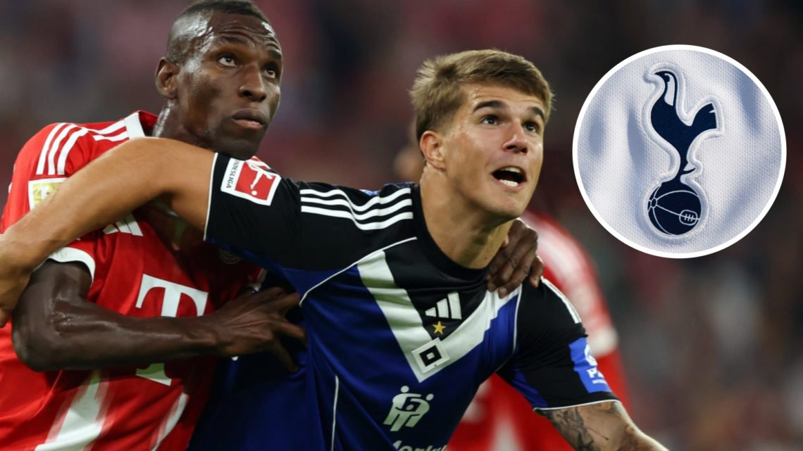 Hamburg defender Luka Vuskovic in action vs Bayern Munich. Inset of Tottenham Hotspur badge.