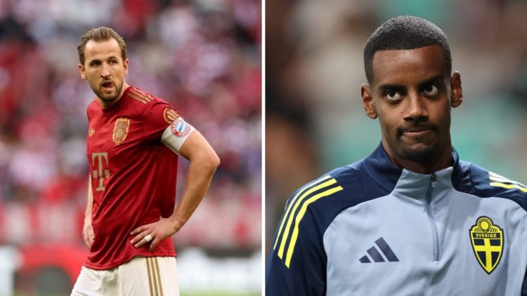 Harry Kane with his hands on his hips for Bayern Munich (left) and Alexander Isak warms up for Sweden (right)