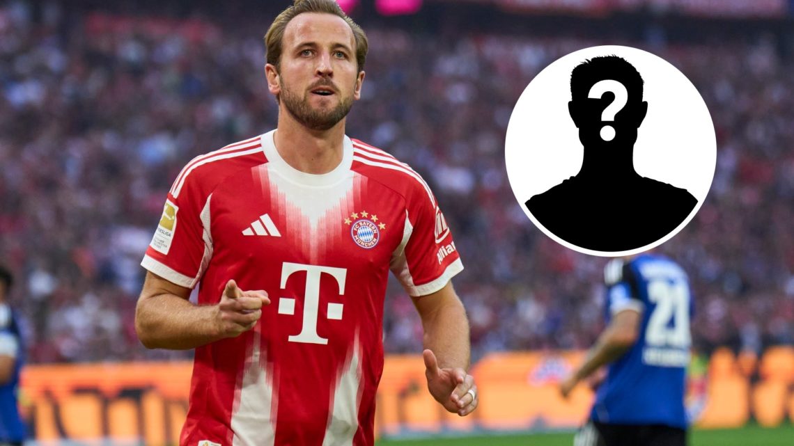 Harry Kane celebrates scoring for Bayern Munich against Hamburg. Inset, a mystery icon