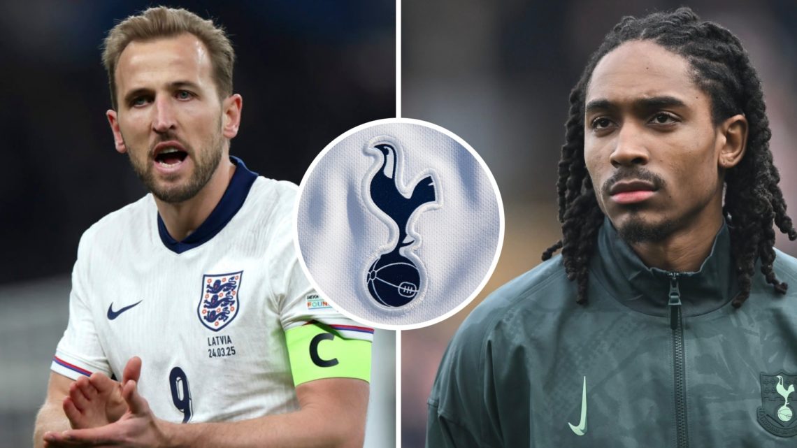 Split image of England captain Harry Kane (L) and Tottenham Hotspur defender Djed Spence (R). Inset of Spurs badge.