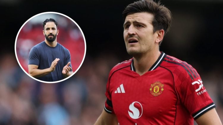 Harry Maguire in action during the Premier League match between Manchester City and Manchester United at Etihad Stadium (Right) Ruben Amorim, Manag...