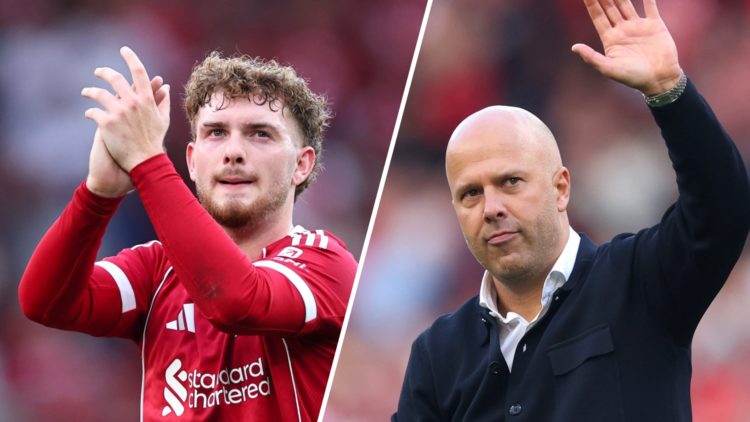 A split image of Liverpool playmaker Harvey Elliott applauds fans (L) and Liverpool boss Arne Slot (R)