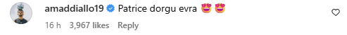 Amad Diallo Instagram comment
