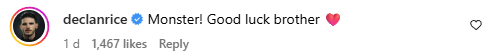 Declan Rice comments on Jakub Kiwior's Instagram post.