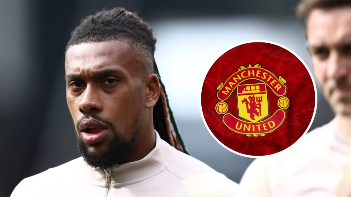 Fulham's Alex Iwobi alongside Manchester United's badge.