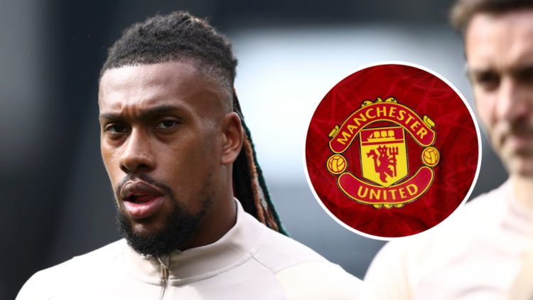 Fulham's Alex Iwobi alongside Manchester United's badge.