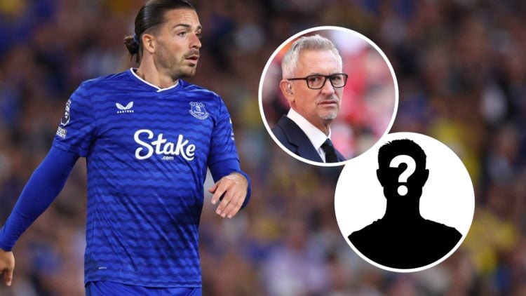 Jack Grealish playing for Everton (left) and Gary Lineker and a mystery image overlayed (right)