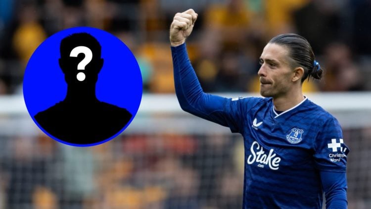 Jack Grealish acknowledges the Everton fans during their clash with Wolves alongside a mystery player inset