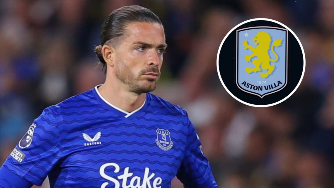 Jack Grealish of Everton during the Premier League match between Leeds United and Everton at Elland Road (Left) The Aston Villa club badge is seen ...