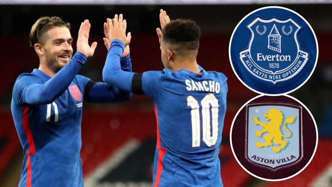 Jack Grealish, Jadon Sancho, Everton badge (inset top), Aston Villa badge (inset bottom)