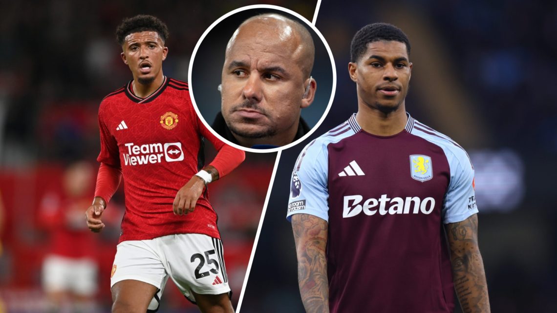 Jadon Sancho playing for Man United (left) and Marcus Rashford playing for Aston Villa (right) with Gabby Agbonlahor overlayed (middle)