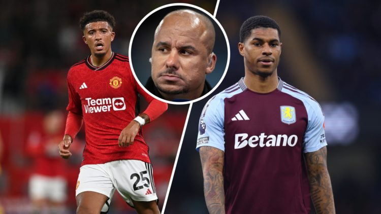 Jadon Sancho playing for Man United (left) and Marcus Rashford playing for Aston Villa (right) with Gabby Agbonlahor overlayed (middle)