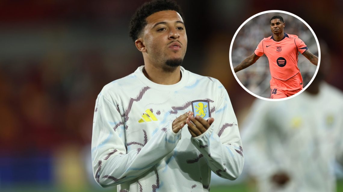 Jadon Sancho applauds Aston Villa fans (left) Marcus Rashford celebrates scoring for Barcelona overlayed (right)