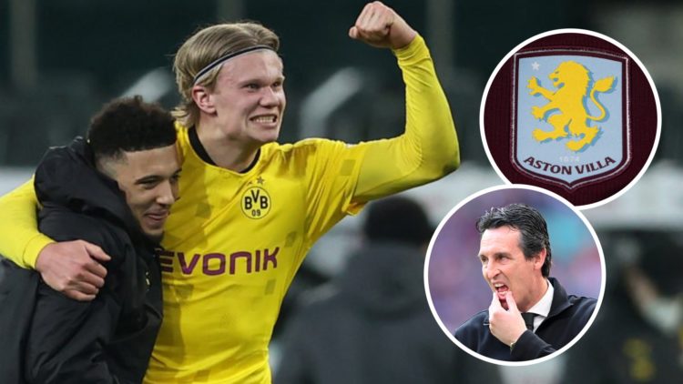 Jadon Sancho and Erling Haaland, Aston Villa badge (inset, top), Unai Emery (inset, bottom)
