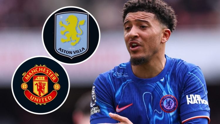 Jadon Sancho of Chelsea during the Premier League match between Arsenal FC and Chelsea FC at Emirates Stadium (Right) The Aston Villa club badge is...