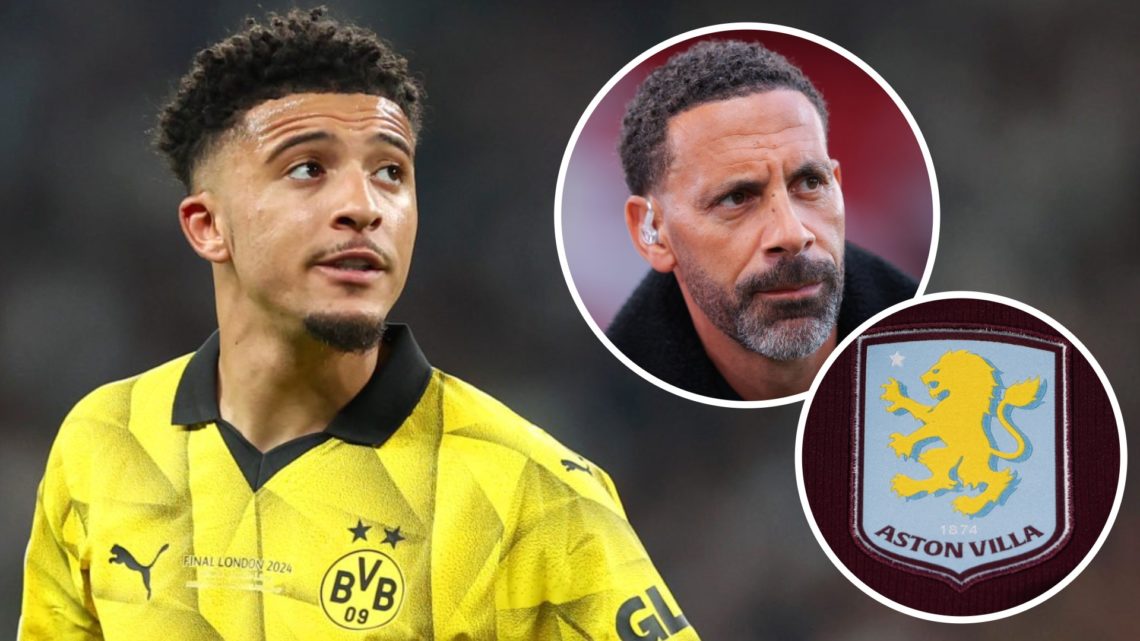Jadon Sancho, Rio Ferdinand (inset, top), Aston Villa crest (inset, bottom)