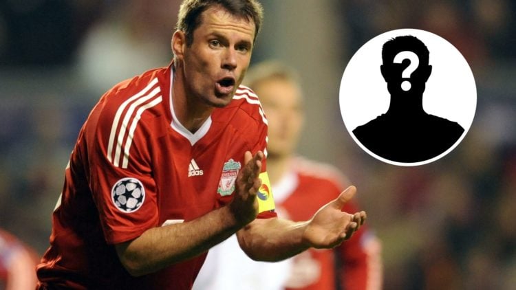 Jamie Carragher reacts during a Liverpool game alongside a mystery player inset