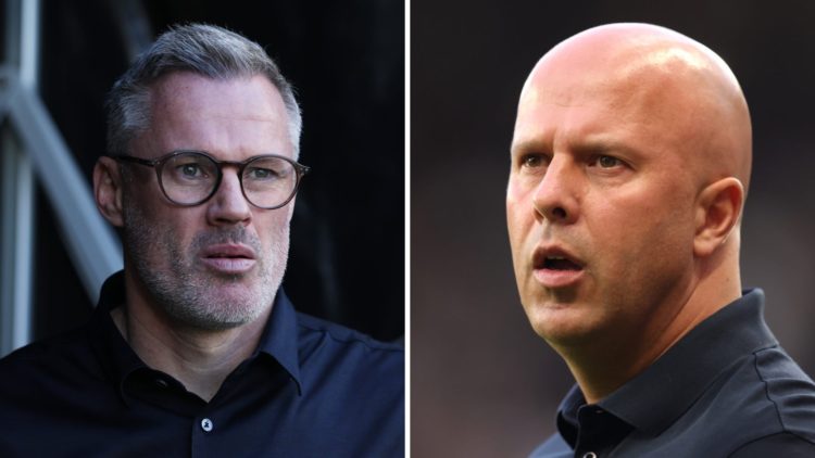 Jamie Carragher, Former Liverpool player and Sky Sports pundit looks on prior to the Premier League match between Fulham FC and Liverpool FC at Cra...