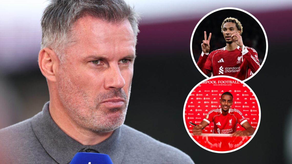 Jamie Carragher as pundit for Sky Sports. Inset of Liverpool strikers Hugo Ekitike and Alexander Isak.