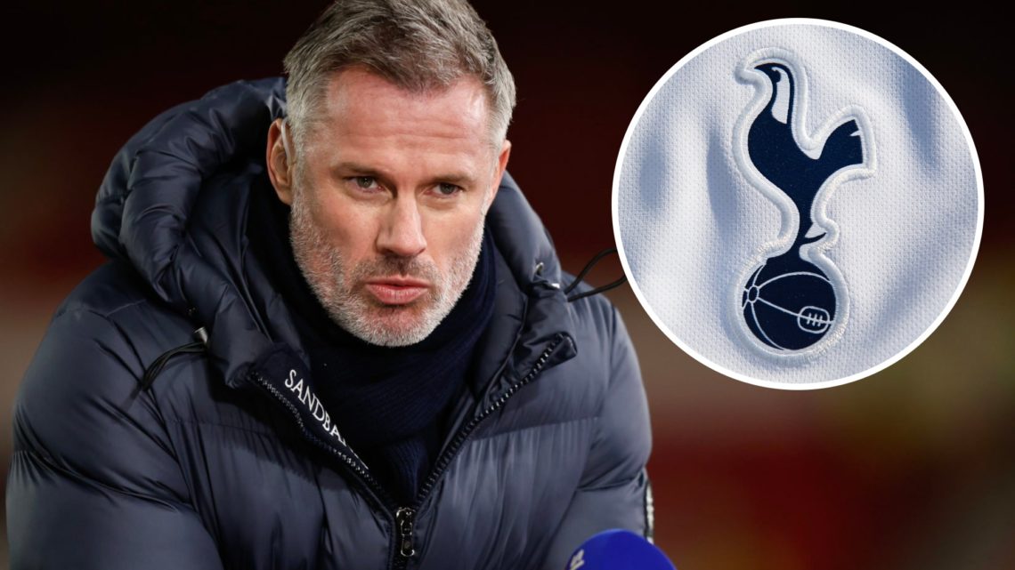 Jamie Carragher working for Sky Sports. Inset of Tottenham Hotspur badge.