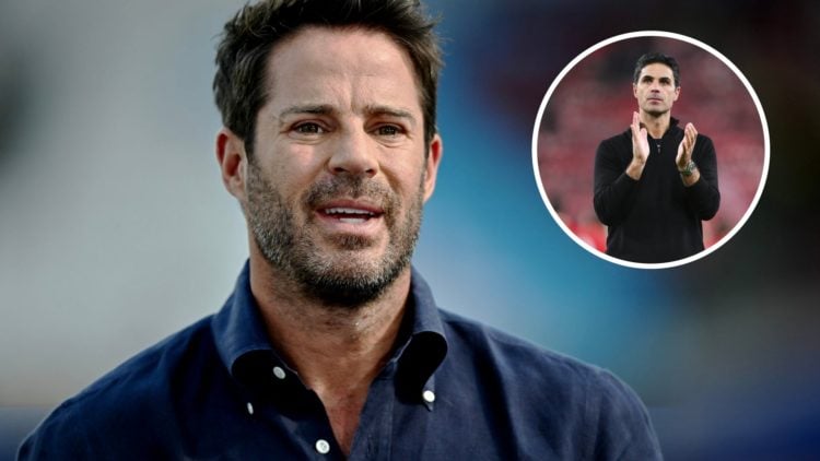 Jamie Redknapp looks on during a Premier League match alongside Arsenal boss Mikel Arteta applauding