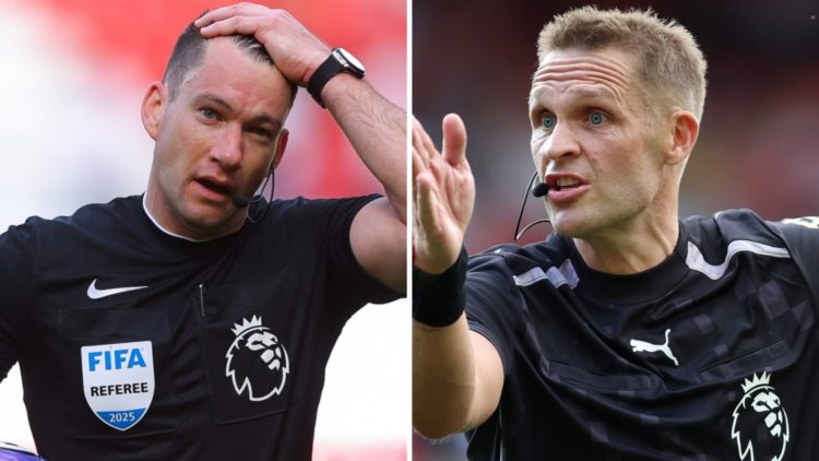 A split image featuring Premier League referees Jarred Gillett and Craig Pawson in action