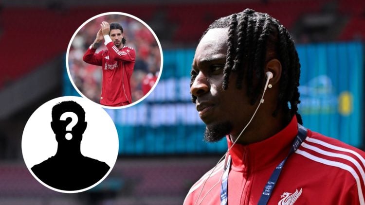 Jeremie Frimpong of Liverpool looks on during a pitch inspection prior to the 2025 FA Community Shield match between Crystal Palace and Liverpool a...