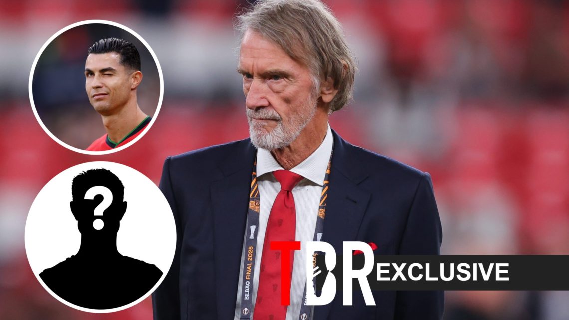 Jim Ratcliffe stood on the pitch (right) and an image of Cristiano Ronaldo winking and then a mystery player overlayed (left)