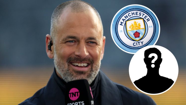 Joe Cole doing punditry for TNT Sports (left) and Man City badge and mystery player overlayed (right)