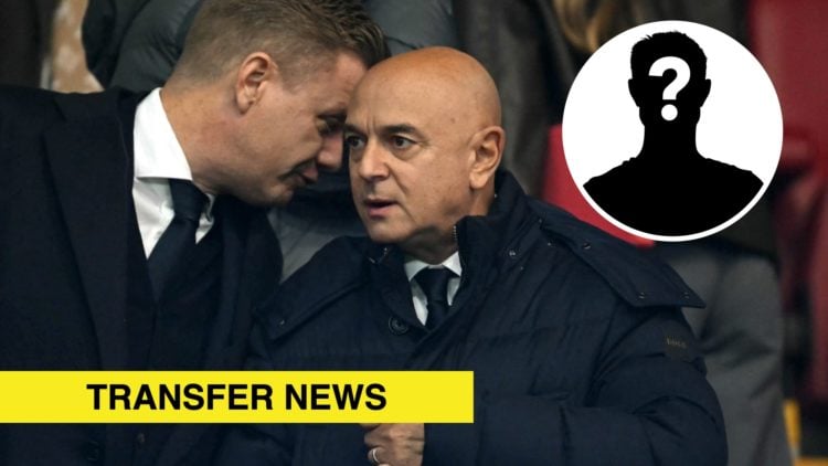 Tottenham Hotspur's Johan Lange and Daniel Levy speaking to each other against Southampton. Inset, a mystery player icon.