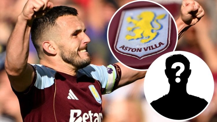 John McGinn of Aston Villa (left) with Aston Villa badge and mystery player (right)