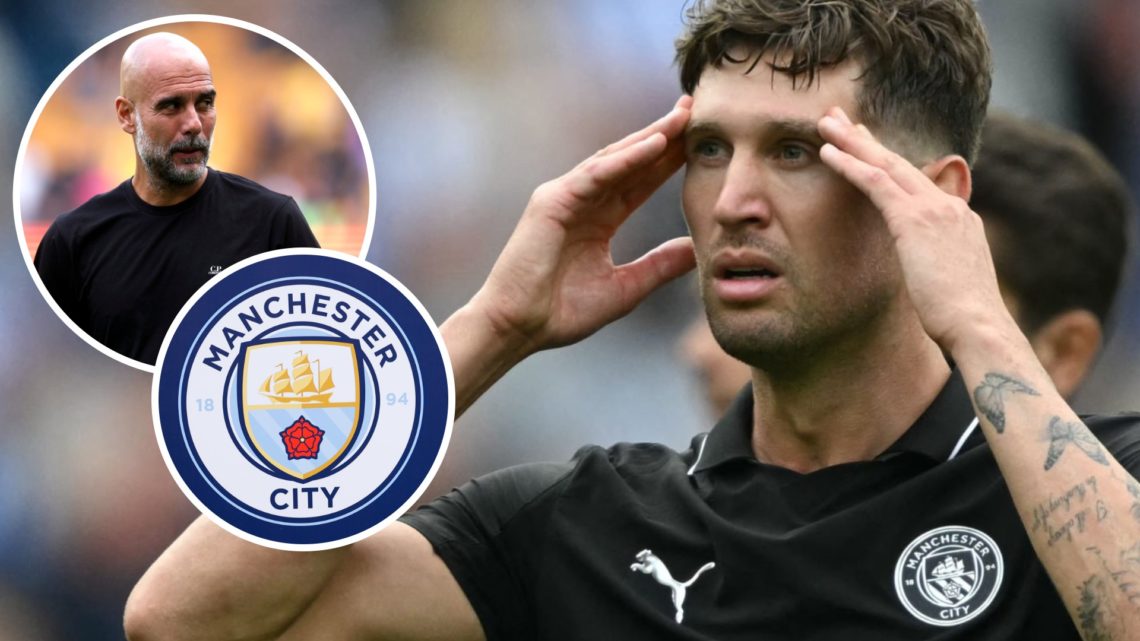 John Stones, Pep Guardiola (inset, top), Manchester City badge (inset, bottom)