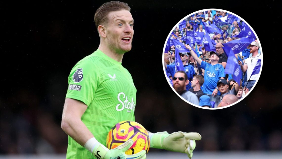 Jordan Pickford with the ball in his hands (left) and an overlay image of Everton fans (right)