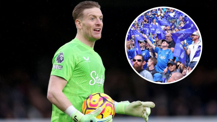 Jordan Pickford with the ball in his hands (left) and an overlay image of Everton fans (right)