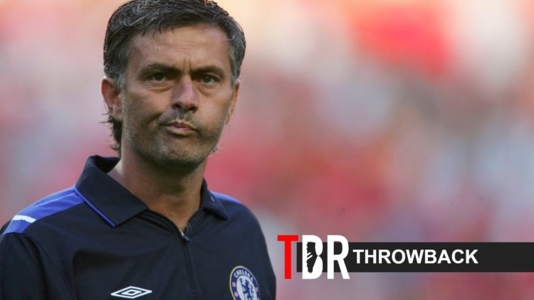Jose Mourinho looks on during a Chelsea match alongside a throwback banner and the TBR Football logo