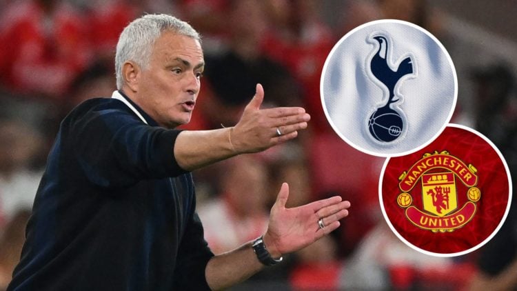 Jose Mourinho looks on during a game alongside a Tottenham badge and a Manchester United crest
