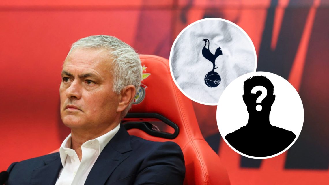 Jose Mourinho presented as the new Benfica manager. Inset, a mystery player icon and Tottenham Hotspur badge