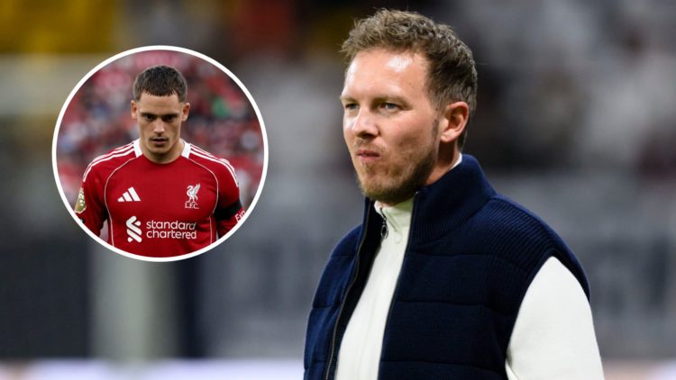 Head coach Julian Nagelsmann of Germany at Deutsche Bank Park on March 26, 2024 in Frankfurt am Main (Right) Florian Wirtz of Liverpool looks on pr...