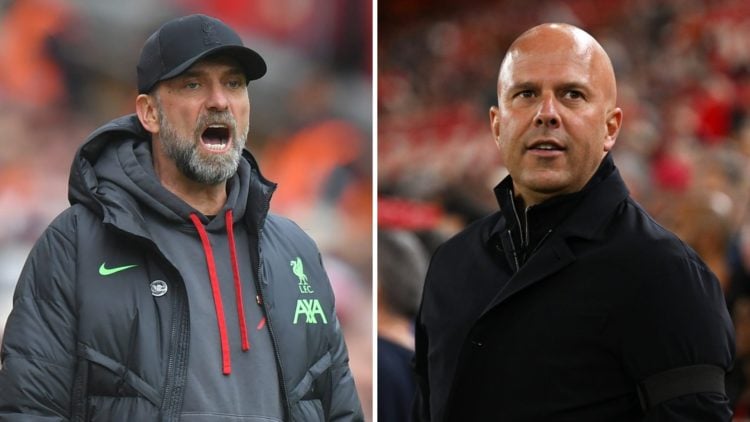 Liverpool's former Manager Jurgen Klopp during the Premier League match between Liverpool FC and Crystal Palace at Anfield (Left) Arne Slot, Manage...