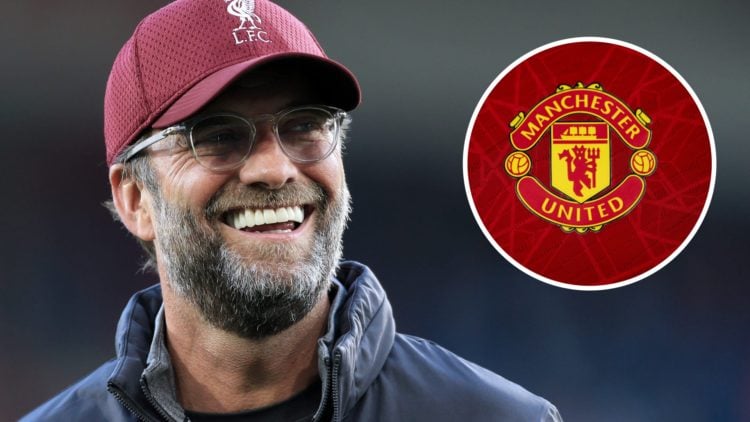A split image featuring Jurgen Klopp laughing during a Liverpool game alongside a Manchester United badge