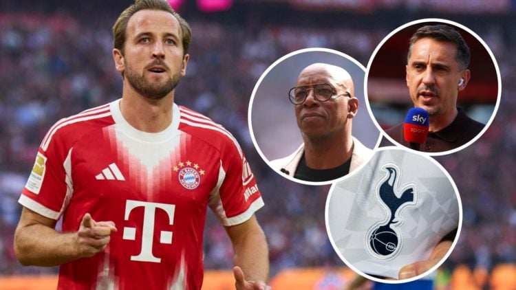 Former Tottenham striker Harry Kane alongside insets of Ian Wright and Gary Neville.