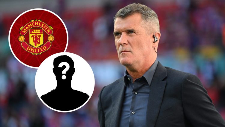 Roy Keane on punditry duties for the FA Cup final at Wembley, alongside insets of the Manchester United club badge and a white mystery player silho...