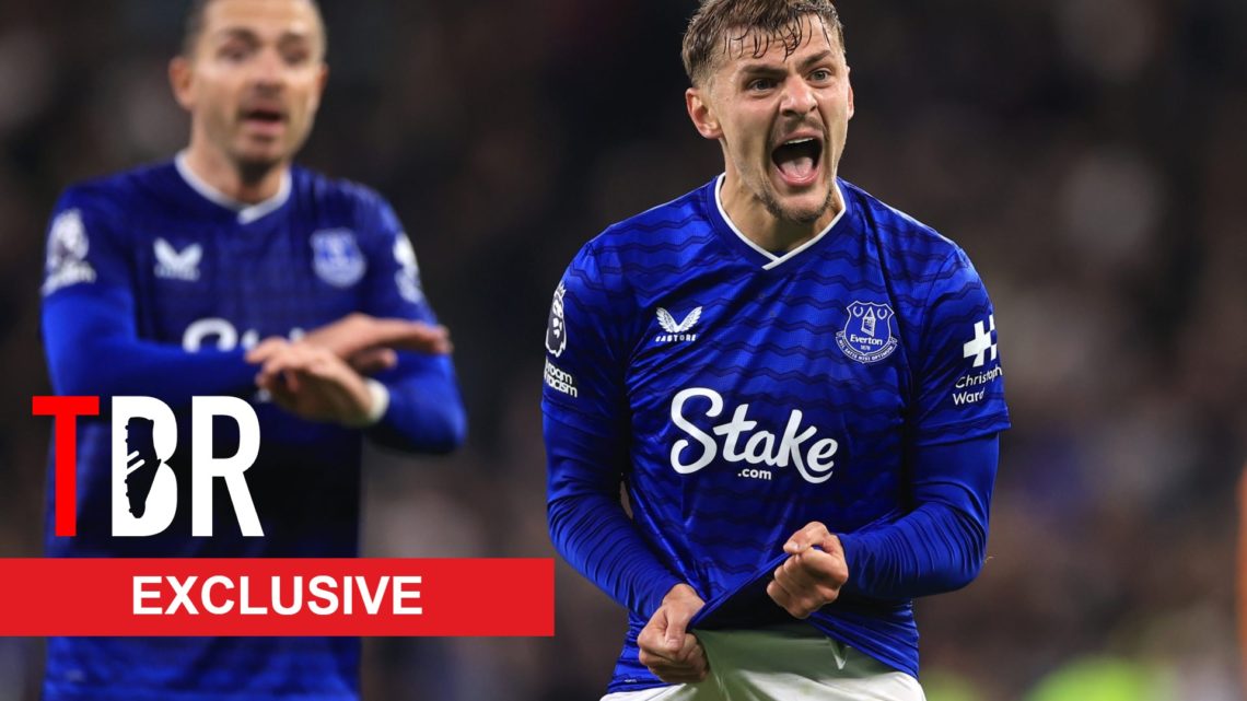 Kiernan Dewsbury-Hall reacts to being booked during Everton vs West Ham United.