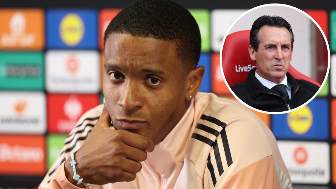 Ezri Konsa speaks to the media during an Aston Villa press conference, alongside an inset of head coach Unai Emery