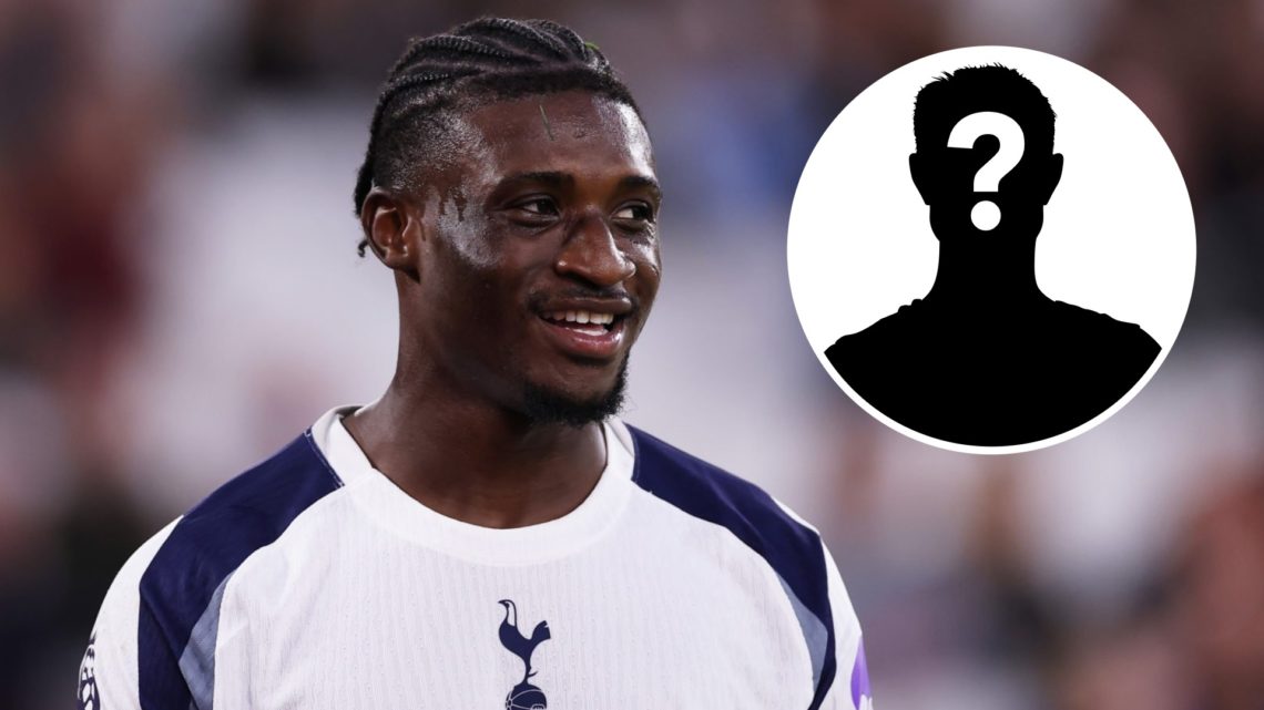 Mohammed Kudus is pictured in action for Tottenham in the Premier League, alongside a white mystery player silhouette