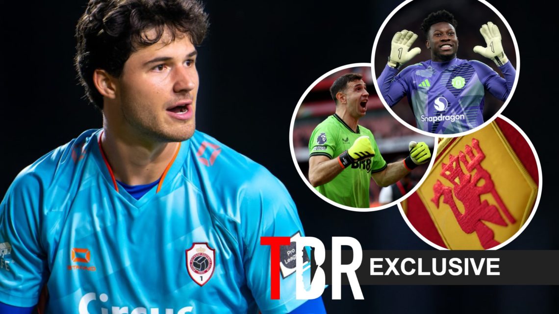 Semme Lammens (right), Andre Onana, Emi Martinez and Man United badge split image (right)