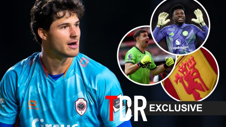 Semme Lammens (right), Andre Onana, Emi Martinez and Man United badge split image (right)